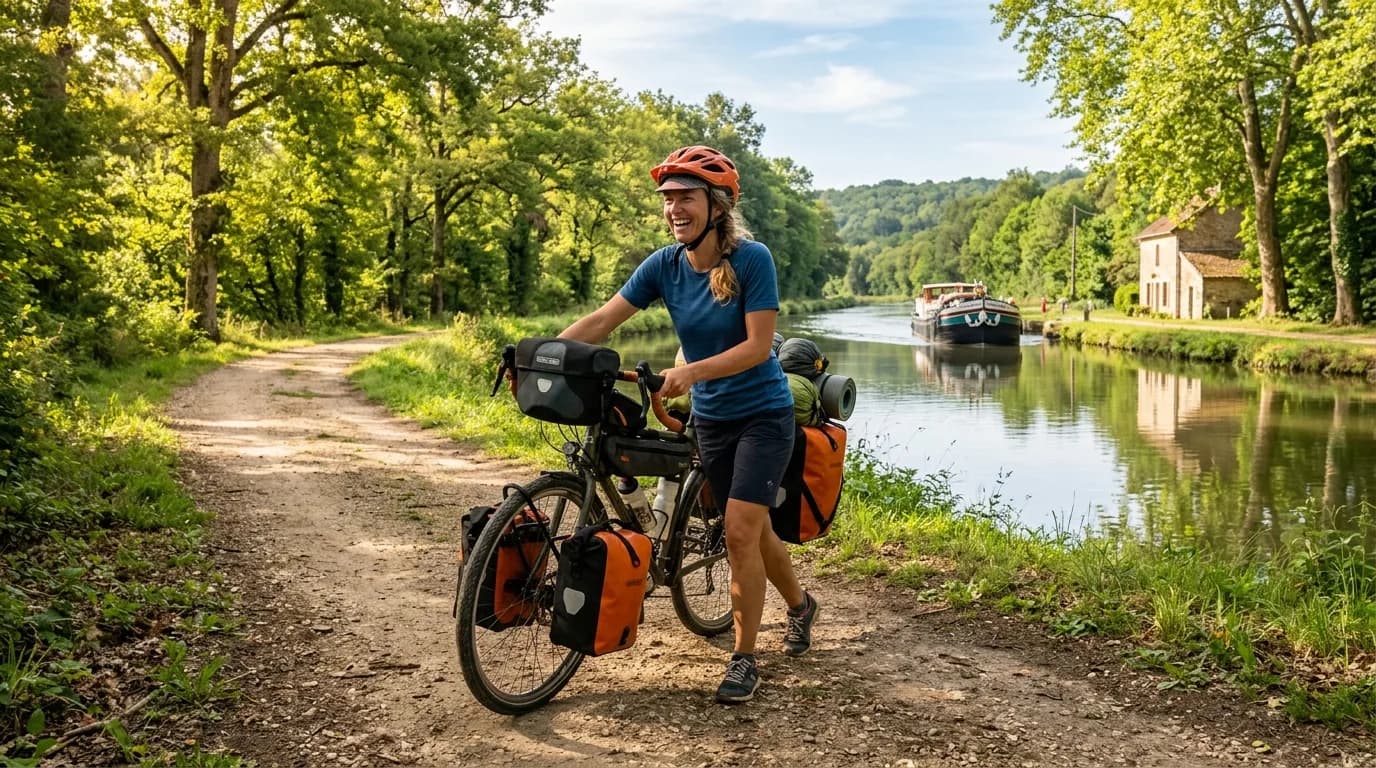 A realistic photo of a joyful woman pushing a heavily loaded touring bicycle on a sunny dirt path next to a French canal, green trees, soft morning light.