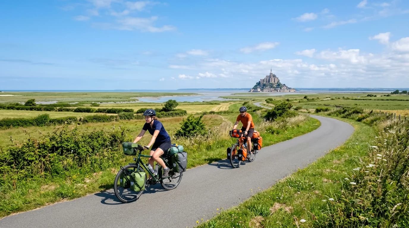 A realistic wide shot of two cyclists riding touring bikes loaded with panniers on a paved greenway. In the distance, the Mont-Saint-Michel rises under a bright blue sky. Natural lighting, travel phot