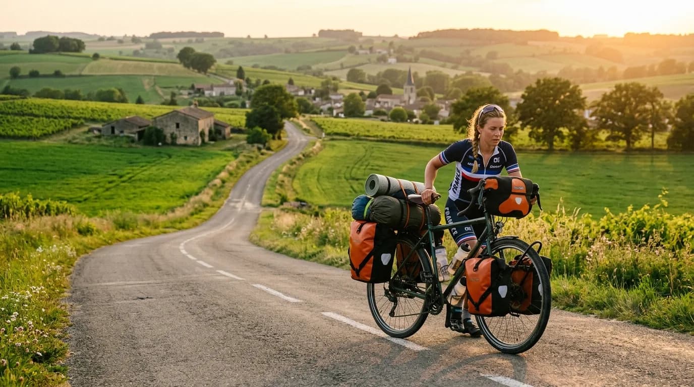 A cyclist pushing a fully loaded touring bike up a slight hill on a French country road, golden hour lighting, lush green fields, realistic photography style, high quality