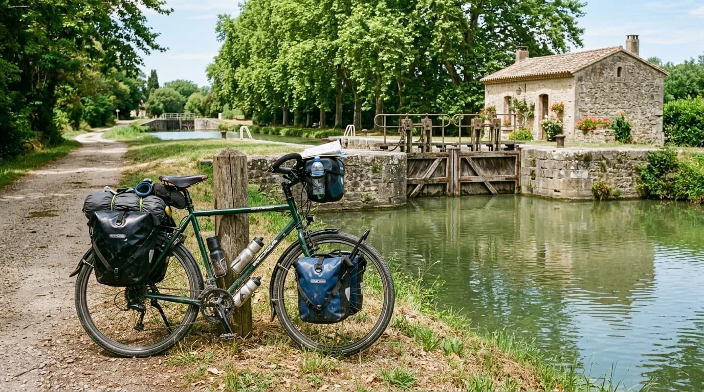 A realistic lifestyle photo of a touring bicycle fully loaded with waterproof panniers parked on a dirt towpath next to a historic French canal. Bright summer day, green water reflecting ancient stone