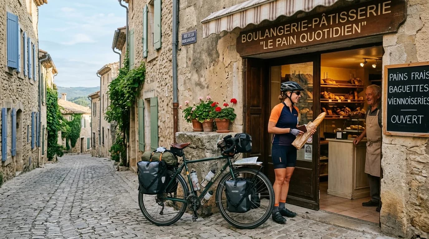 A loaded touring bicycle parked next to a traditional French bakery (boulangerie) in a small stone village, a cyclist buying a baguette, morning sunlight, realistic photography.