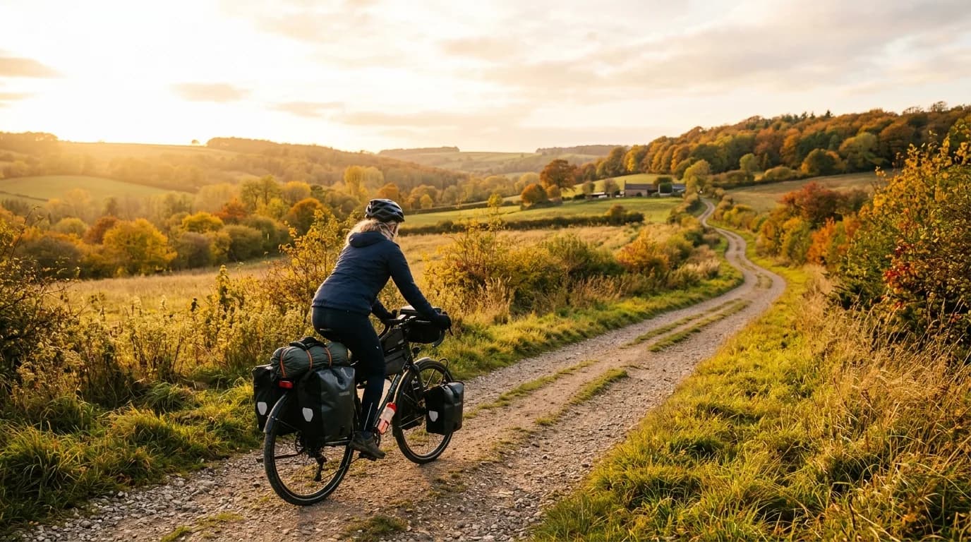 Realistic wide shot, cyclist riding a fully loaded touring bike on a peaceful countryside path during early autumn, golden hour lighting, bright sky, realistic photo style.