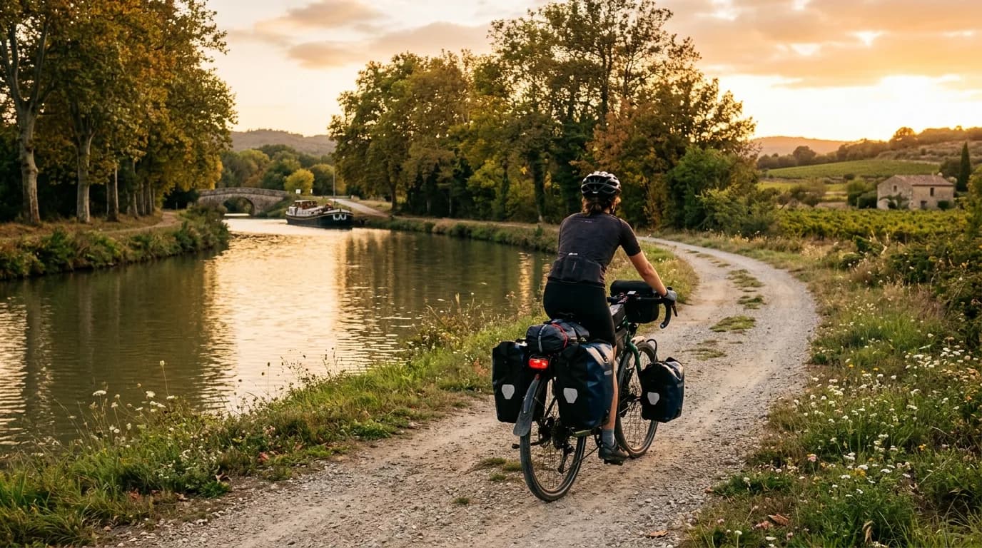 Shot from behind of a cyclist riding a loaded touring bike on a scenic French path next to a canal at golden hour. Warm sunlight, realistic photography, peaceful outdoor atmosphere.
