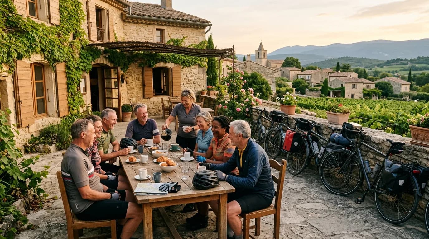 Cyclotouristes en discussion — esprit de communauté et d'entraide à vélo