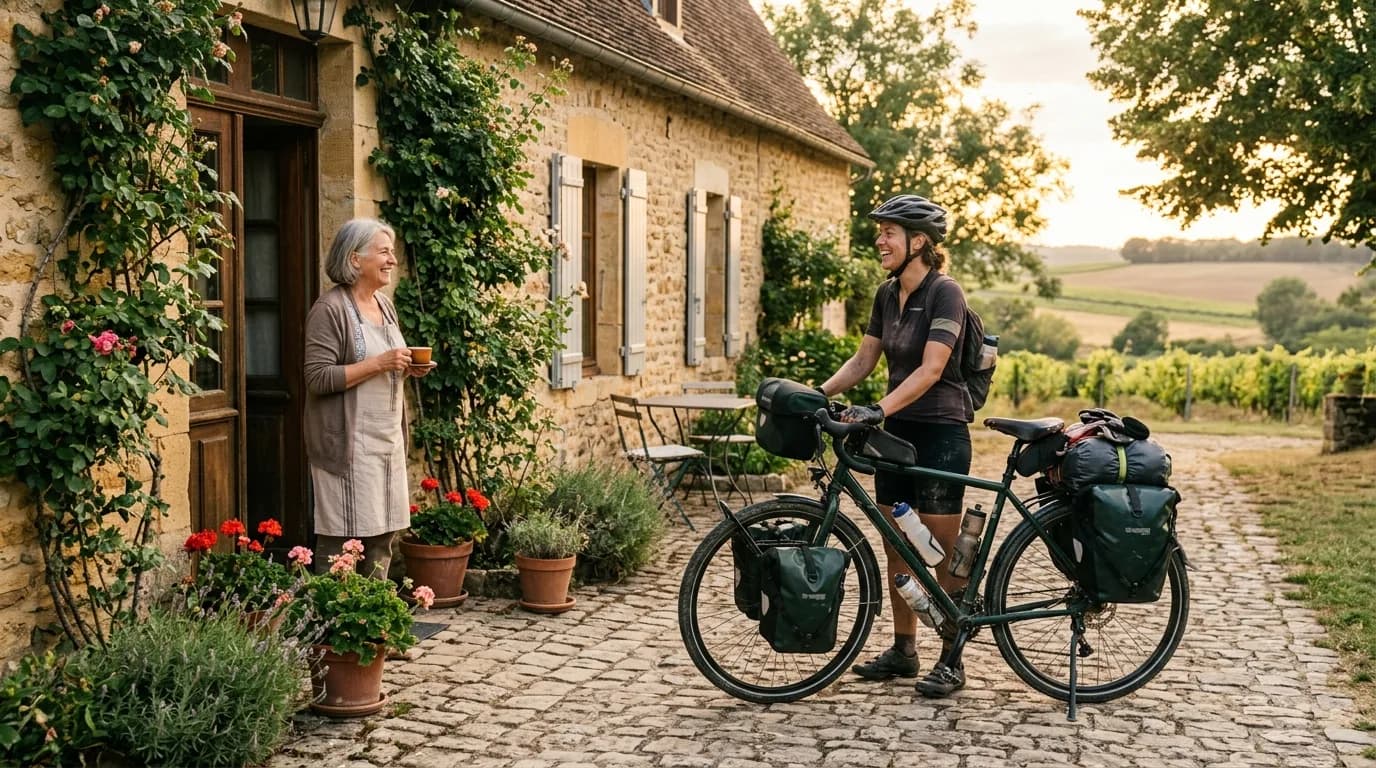 Cyclotouriste accueilli à l'étape — hospitalité vélo entre passionnés