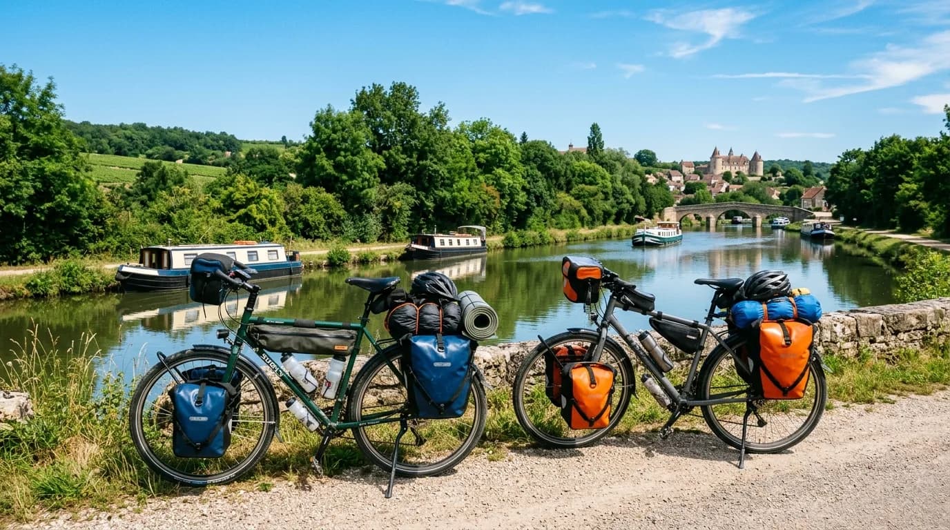 Touring bicycles with heavy panniers parked by a scenic canal in Burgundy under a bright clear sky, surrounded by green trees, realistic travel photography.