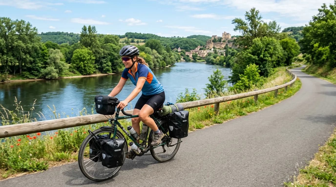 A realistic outdoor photo of a cyclist riding a touring bike equipped with panniers on a scenic paved cycle path along a French river, bright sunny day, lush green landscape and calm water in the back
