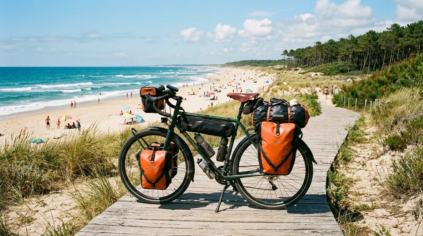 A touring bicycle loaded with waterproof panniers parked on a wooden path leading to a sandy beach in France, pine trees in the background, sunny summer day, realistic photography.
