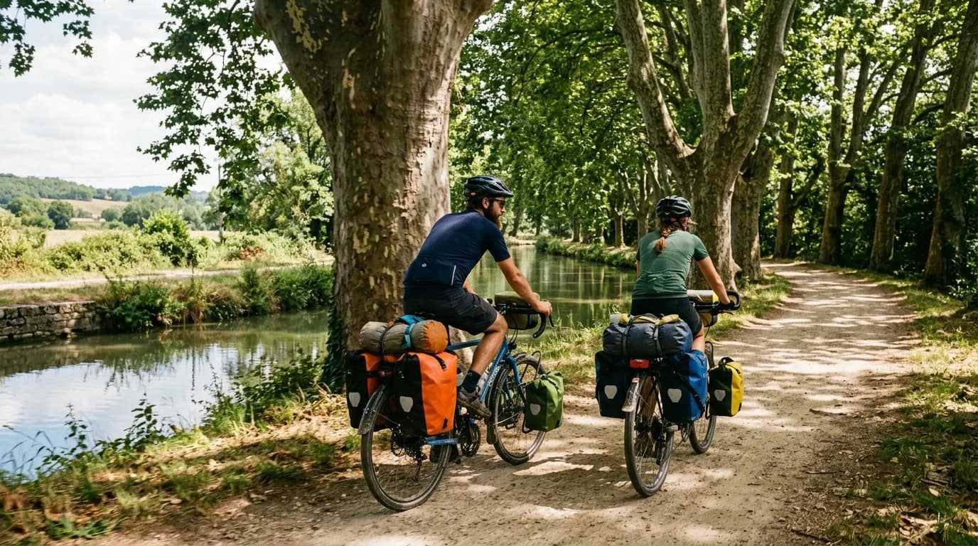 A realistic photo of two cyclists riding touring bikes heavily loaded with waterproof panniers on a dirt towpath beside a tranquil French canal. Huge plane trees line the water, casting beautiful dapp