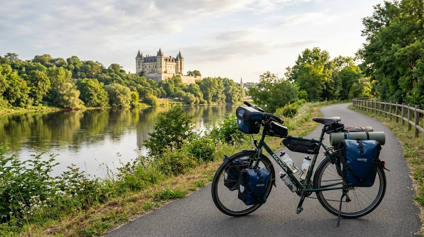 A realistic travel photography of a fully loaded touring bicycle parked on a paved cycle path next to the Loire river in France. Gentle morning sunlight, green trees, calm water, and a distant histori