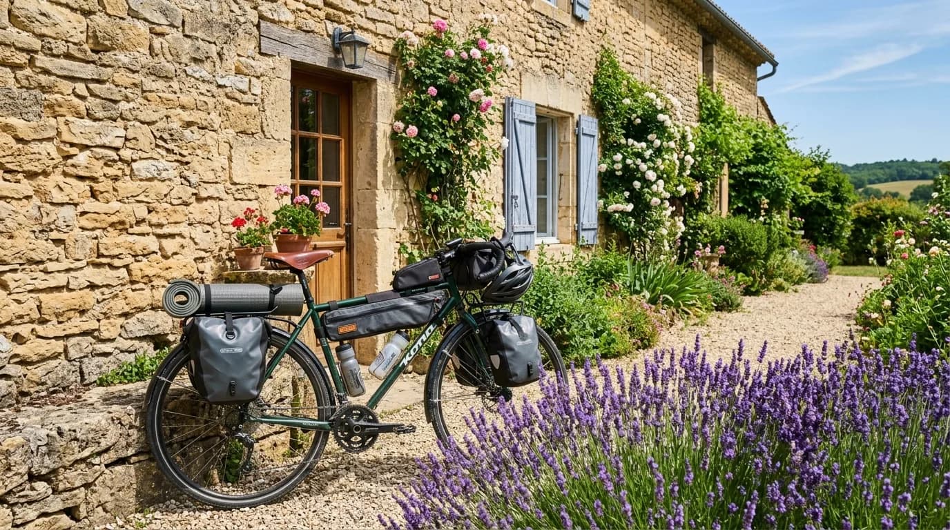 A touring bicycle with light waterproof frame bags parked against a stone wall of a rustic French country house, blooming lavender in the foreground, sunny summer day, realistic photography, peaceful