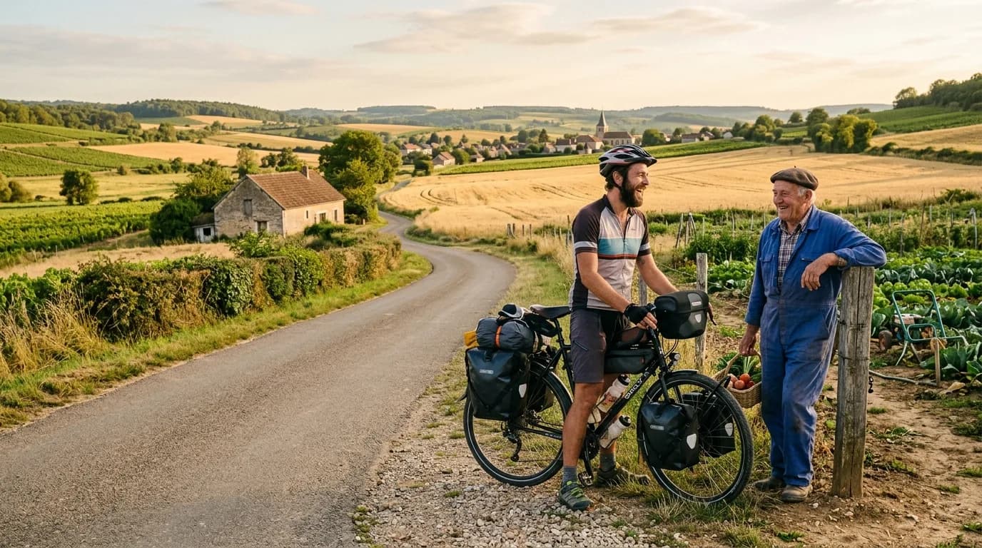 Wide angle shot of a touring cyclist with loaded panniers chatting laughing with a local farmer next to a rural road in the French countryside, warm late afternoon sunlight, highly realistic photograp