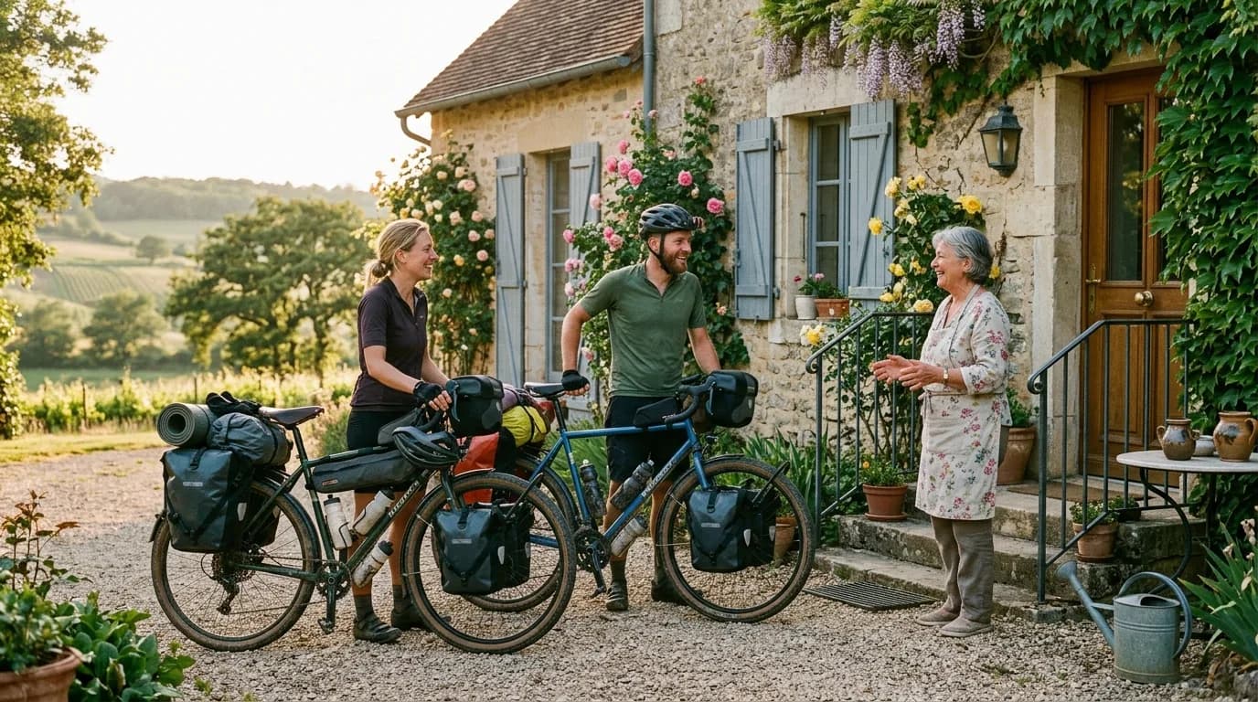 A realistic photo of two cyclists standing next to their fully loaded touring bikes, chatting warmly with a local host in front of a rustic French countryside house. Late afternoon warm sunlight, auth