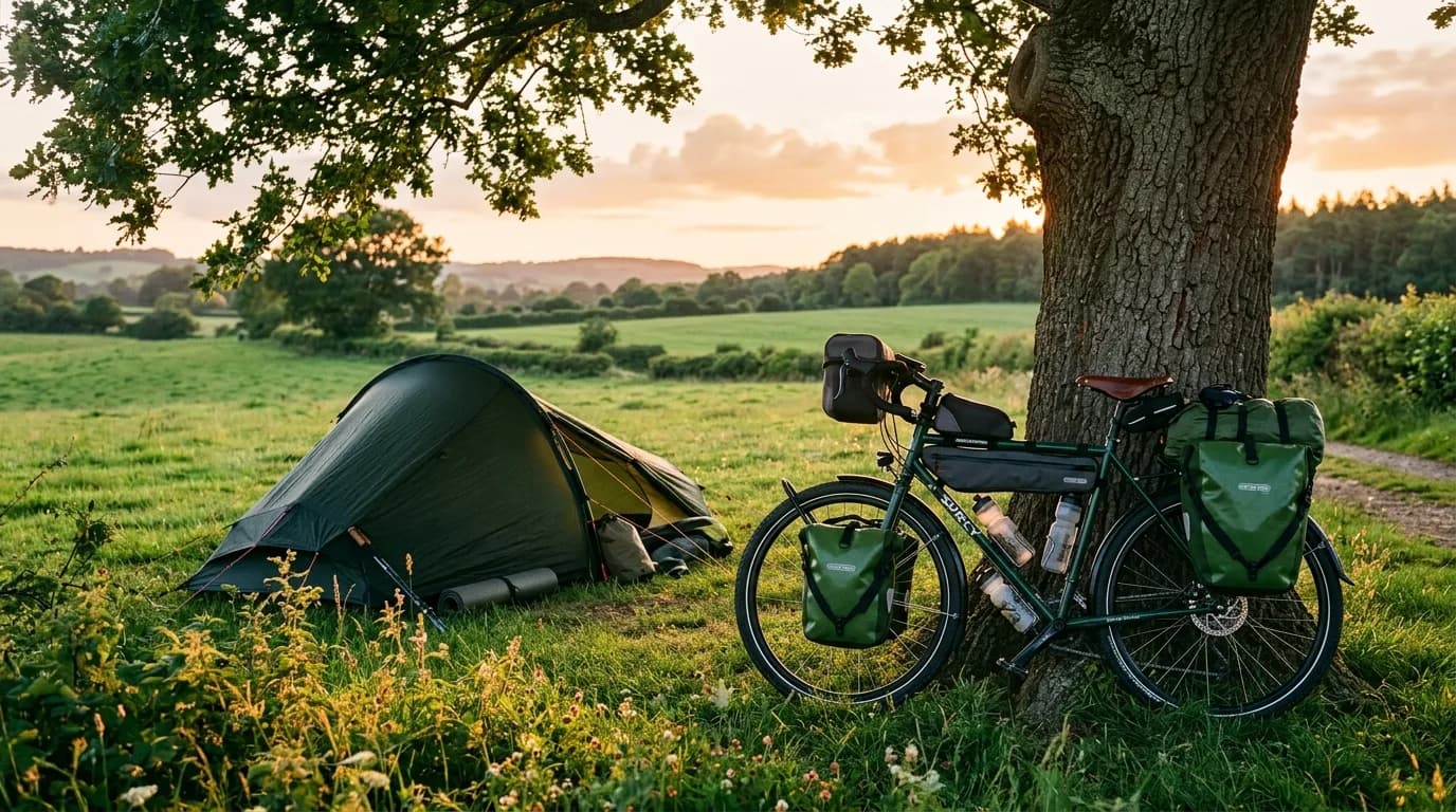 A realistic photo of a loaded touring bicycle leaning against a tree near a small green clearing at golden hour, a small green tent is partially set up, tranquil atmosphere, soft natural light, no peo