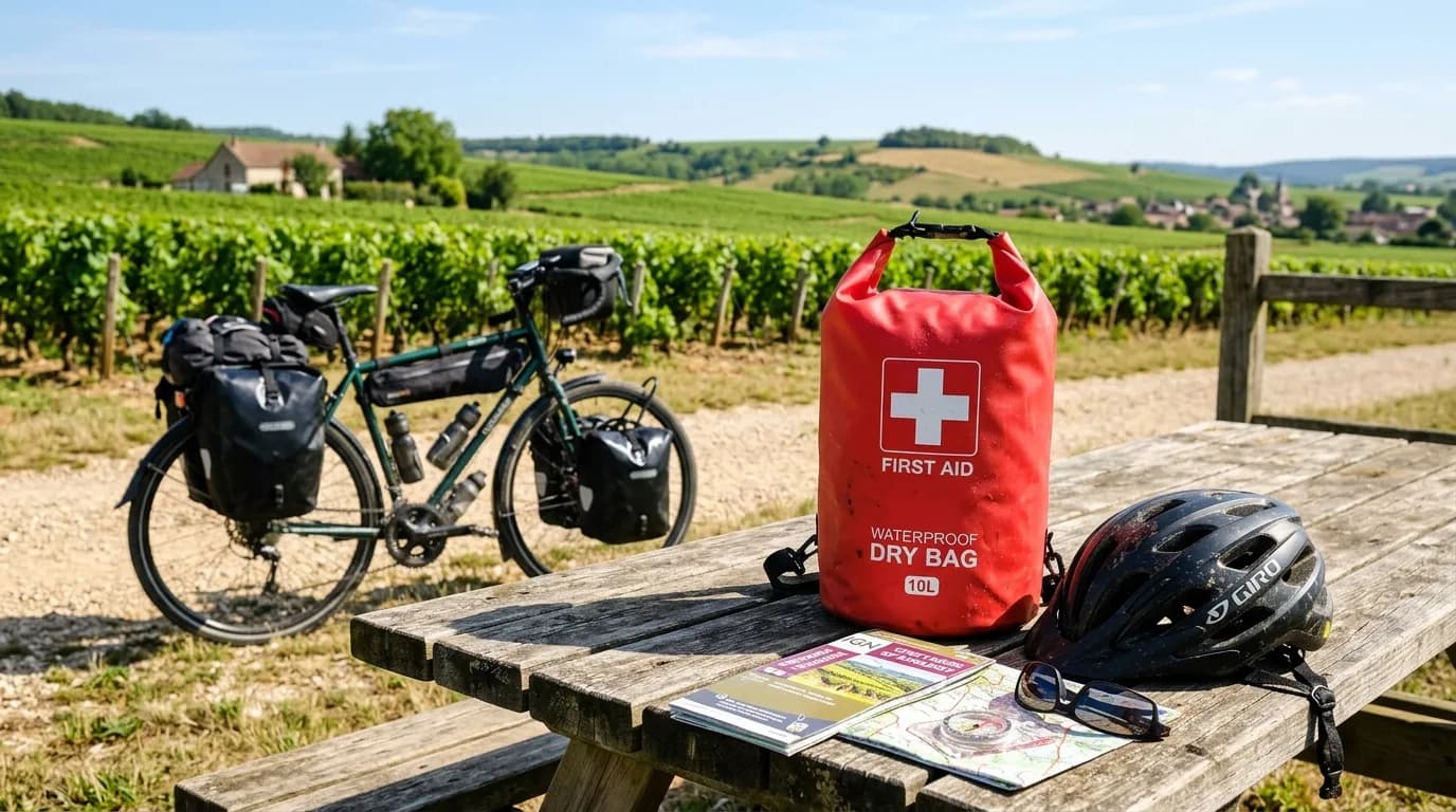 A waterproof red first aid dry bag sitting on a rustic wooden picnic table outdoors, next to a cycling helmet and map. In the background, a touring bicycle with panniers parked near a sunny French vin