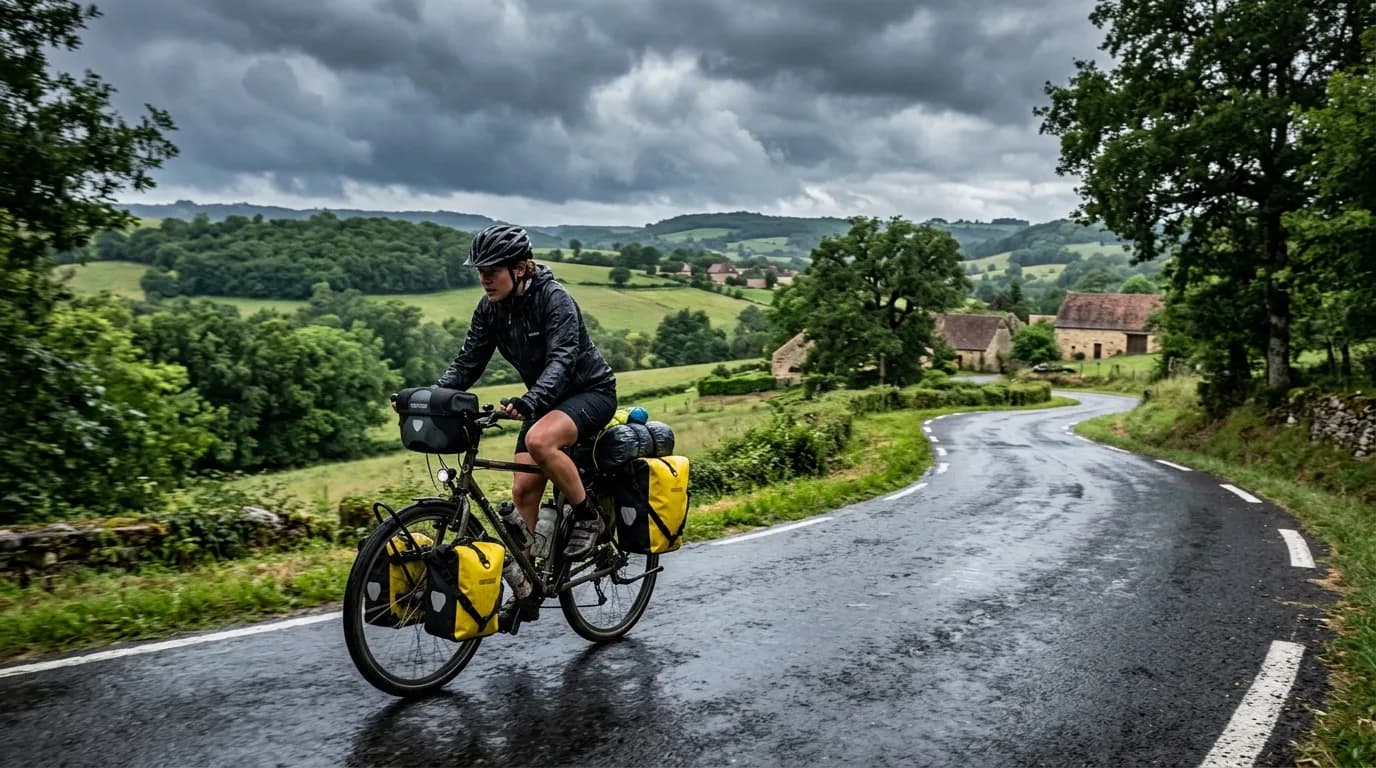 A touring cyclist riding on a wet asphalt road under a cloudy, dramatic sky. The bicycle is fully loaded with waterproof panniers. The scenery is a typical French countryside landscape with wet greene
