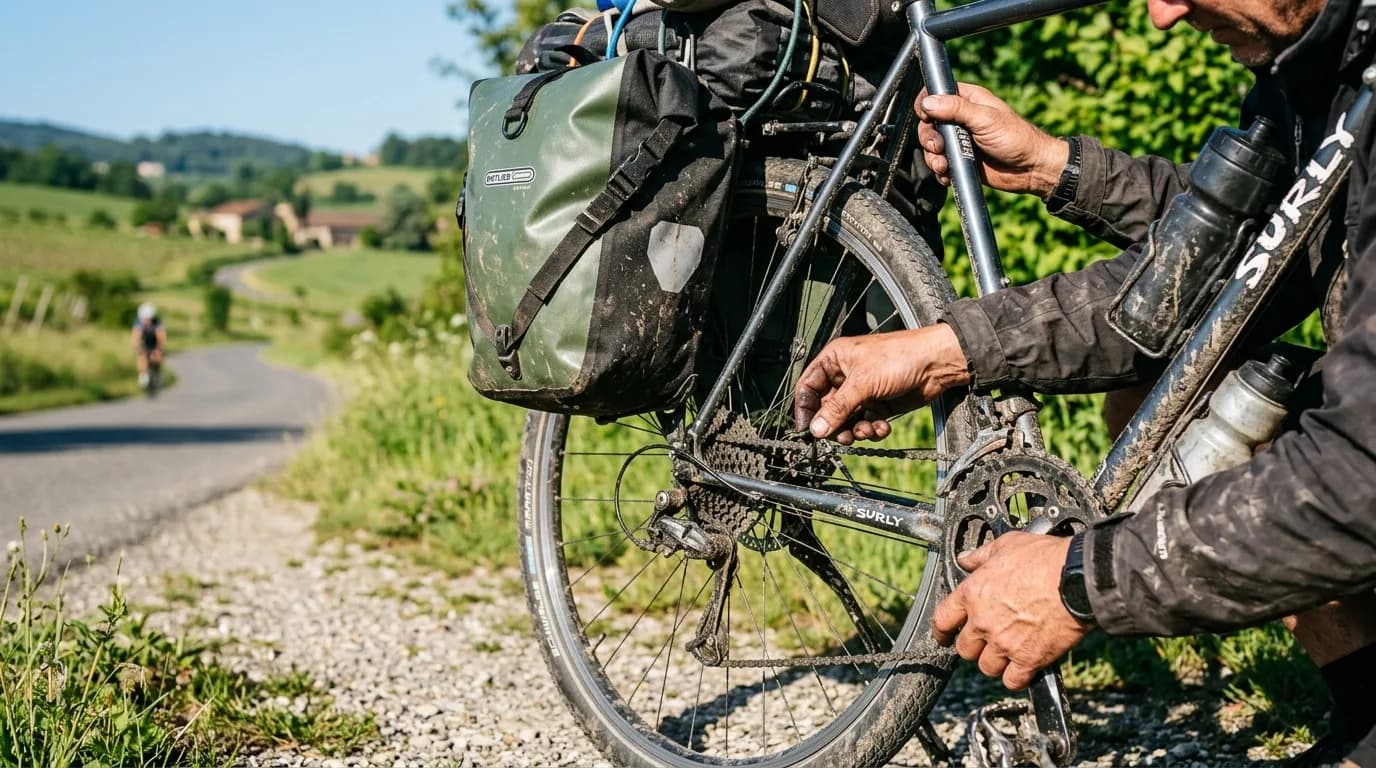 A close-up of a person's hands checking the gears and chain of a fully loaded touring bicycle, bright sunny morning, realistic photography, shallow depth of field, outdoor setting near a European coun