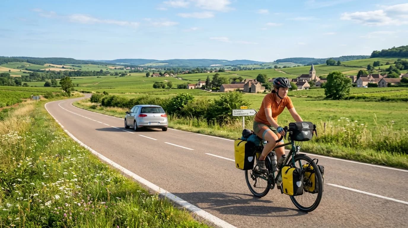 Realistic photo of a fully loaded touring bicycle riding on a scenic open countryside road in France, a car is safely passing in the distance, sunny day, lush green fields, warm natural lighting, high