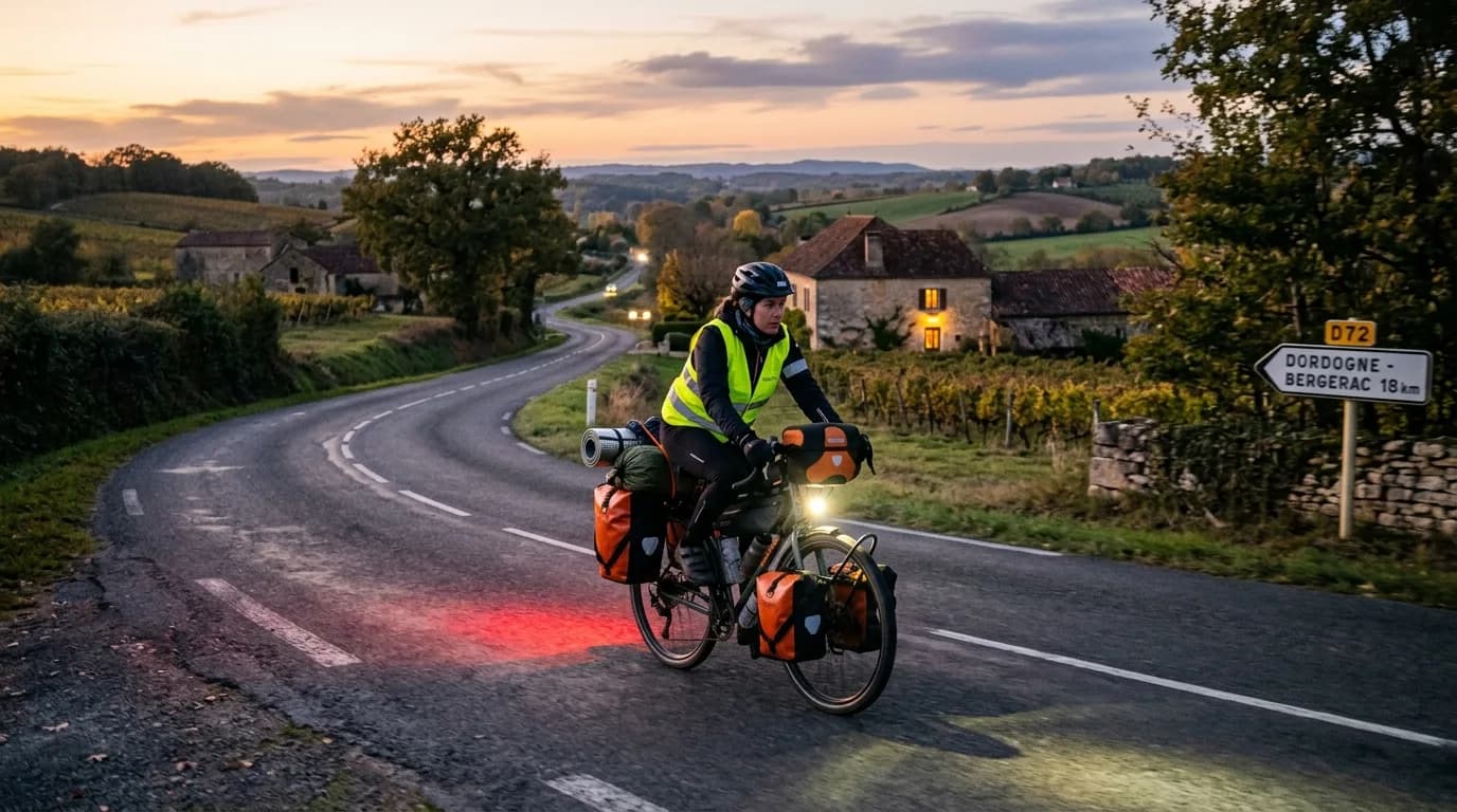 Realistic photo of a fully loaded touring bicycle on a French country road at dusk. The bike has bright front and rear lights turned on, and the rider is wearing a high-visibility vest over cycling cl
