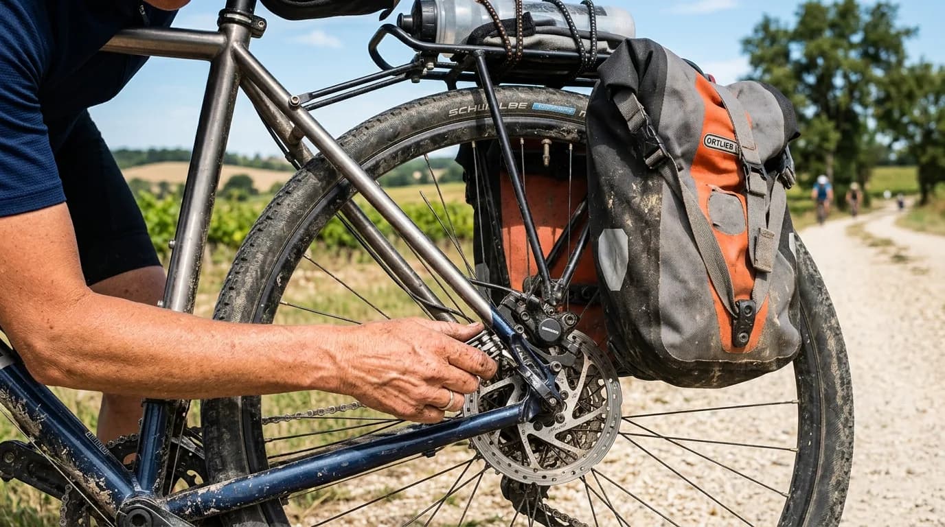 Close-up photo of hands adjusting a loaded touring bike's disc brake caliper, outdoor setting next to a scenic French cycling path, sunny day, natural lighting, realistic photography.