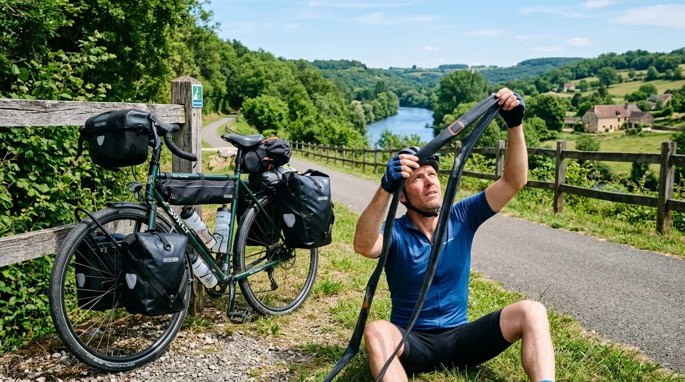 A realistic photo of a loaded touring bicycle with panniers resting against a wooden fence on a sunny day along a paved cycle path in the French countryside. In the foreground, a cyclist is holding a