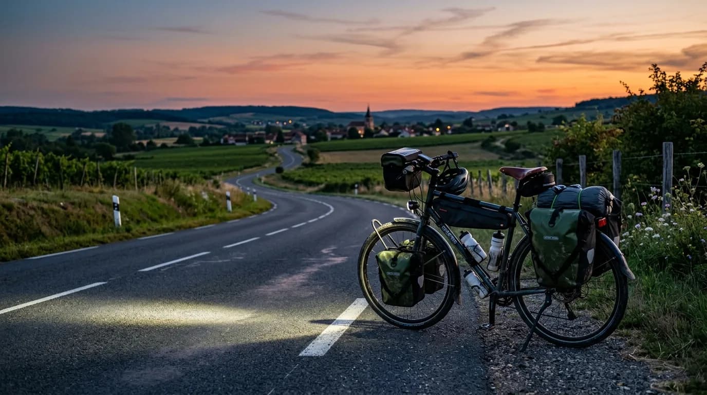 A touring bicycle loaded with panniers parked safely on the side of a rural French road at dusk, the front headlight casting a bright, clear beam on the asphalt, warm twilight sky, realistic photograp