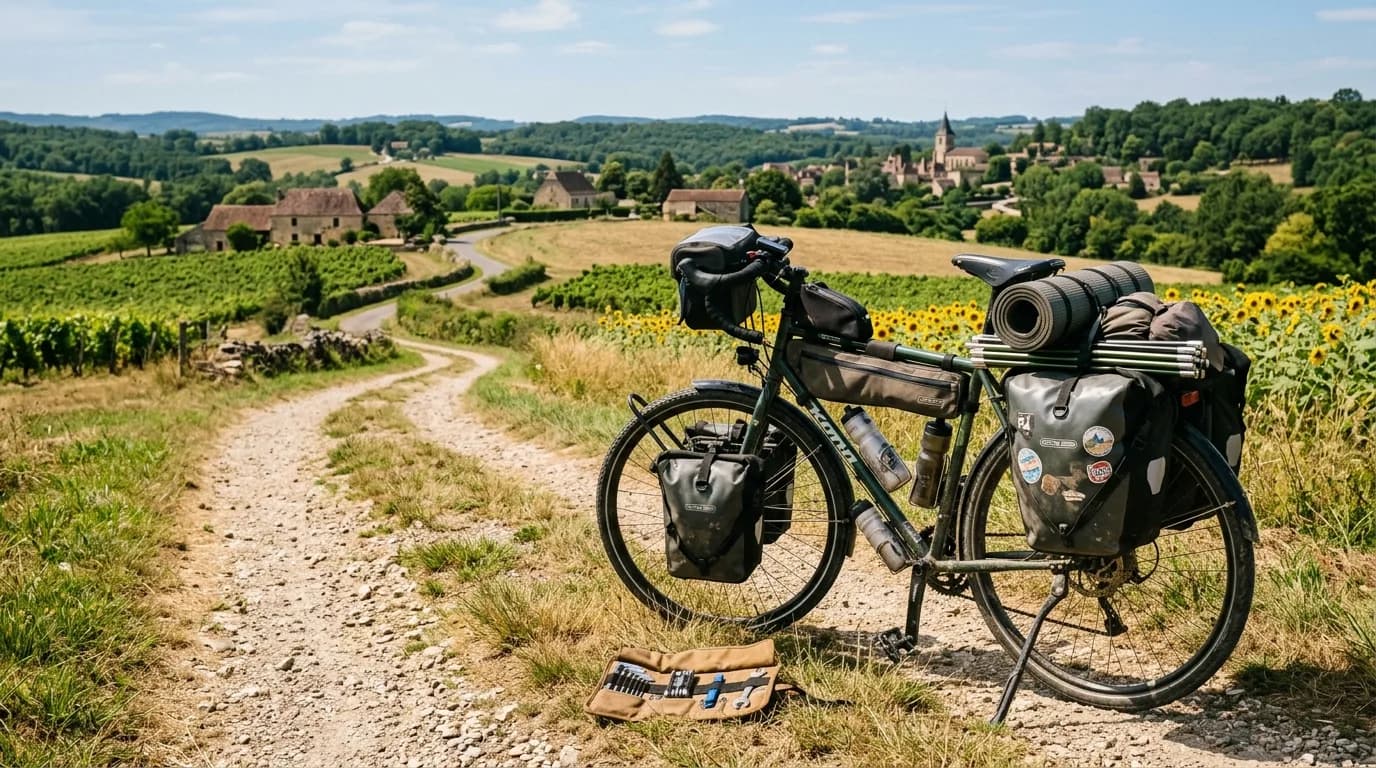 A realistic wide shot of a loaded touring bicycle parked on a scenic French countryside path, a small canvas tool roll open on the grass next to the front wheel, sunny day, natural lighting, high qual