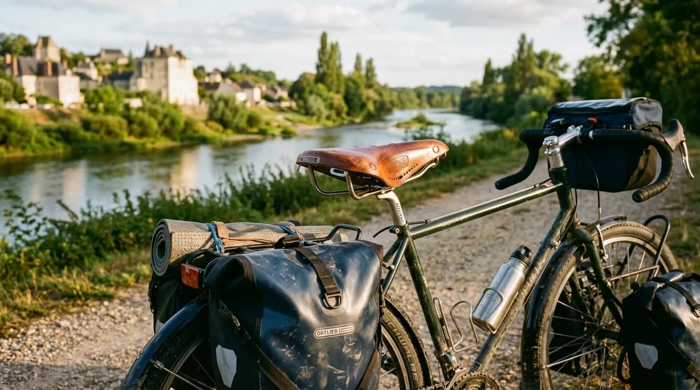 Realistic outdoor photography of a touring bicycle heavily loaded with panniers parked along a scenic French river path, close up on a classic leather bicycle saddle glowing in the late afternoon sun.