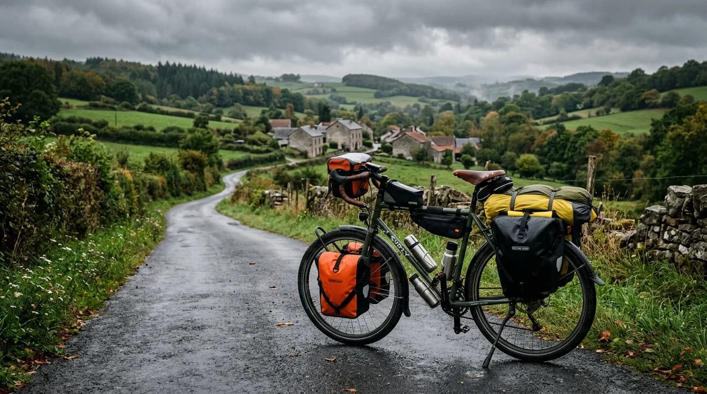 A touring bicycle fully loaded with waterproof panniers parked on a wet country road in the French countryside, overcast sky, cinematic natural lighting, realistic photography, no text.