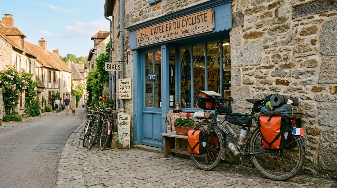 A fully loaded touring bike parked outside a small, welcoming bicycle repair shop in a French village, warm sunlight, realistic travel photography