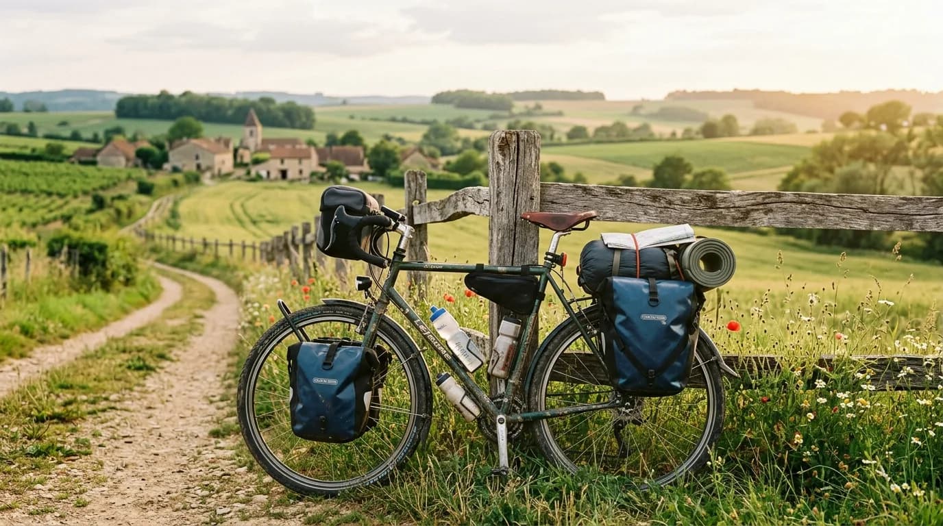 Realistic outdoor photography of a loaded touring bike resting against a wooden fence in the French countryside, soft late afternoon sunlight, warm and authentic atmosphere, high quality, 35mm lens.