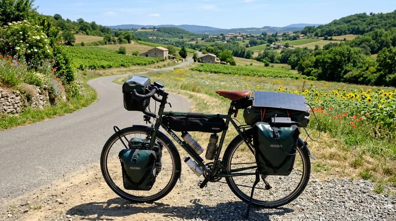 A fully loaded touring bicycle parked next to a scenic French countryside road, a solar panel strapped to the rear rack absorbing sunlight, sunny day, realistic photography, no text.