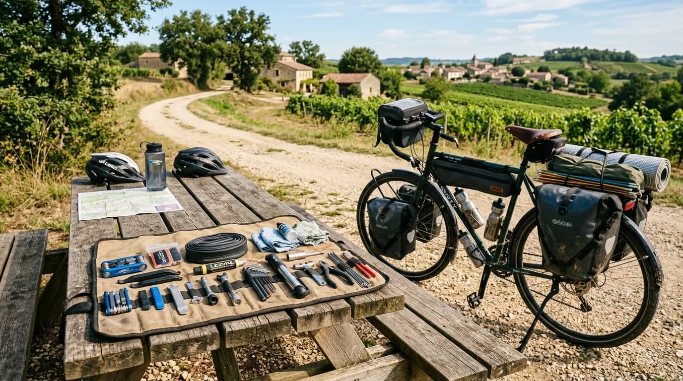 Realistic photography of a bicycle touring tool kit laid out on a wooden picnic table next to a loaded touring bike, sunny day on a French countryside path, natural light, high quality.