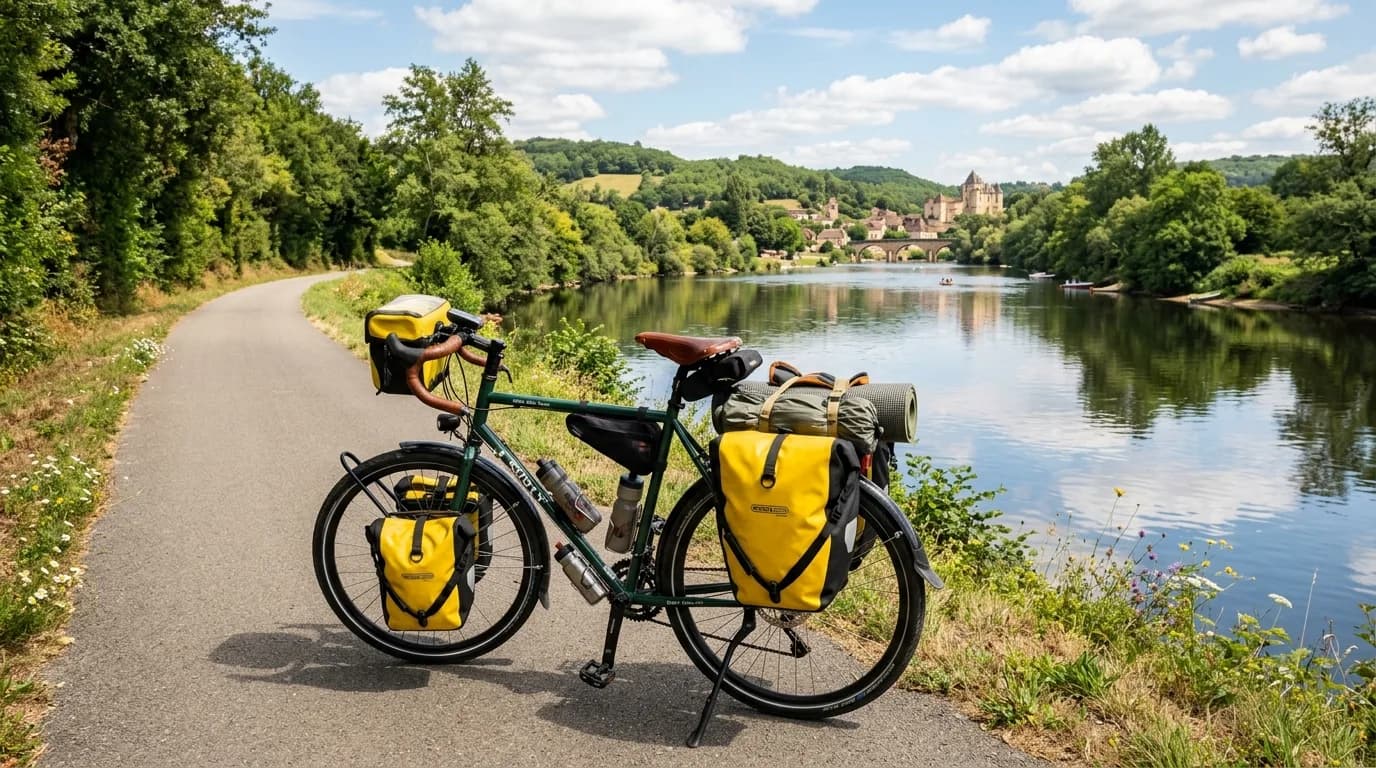 A touring bike fully loaded with waterproof panniers on a sturdy rear rack, parked on a scenic paved cycle path next to a calm river in France, sunny day, realistic photography.