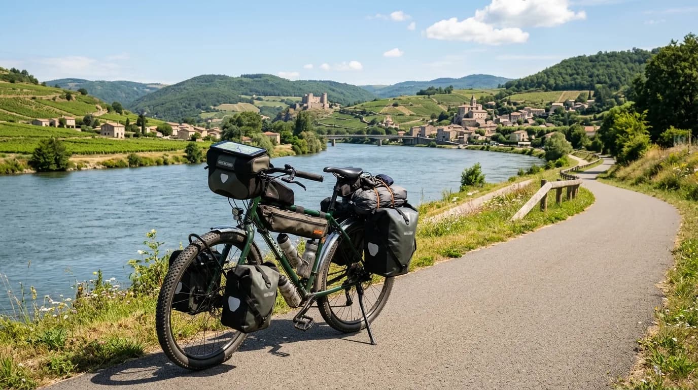A realistic photo of a touring bicycle loaded with bikepacking bags parked on a scenic paved cycling path along a river in France, bright sunny day, a navigation device on the handlebars, beautiful la