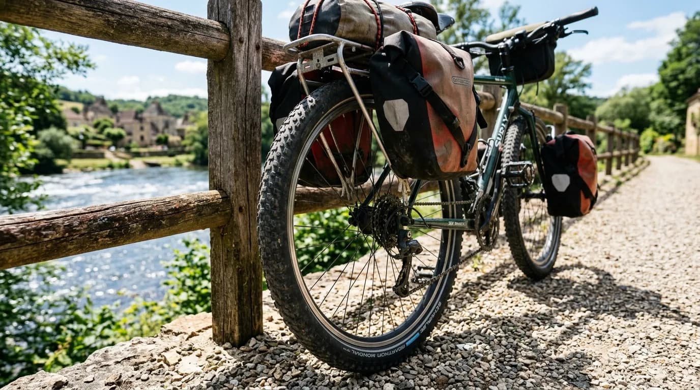 A heavily loaded touring bicycle leaning against a wooden fence on a gravel path along a river in France, close up on the robust tires, sunny day, realistic photography