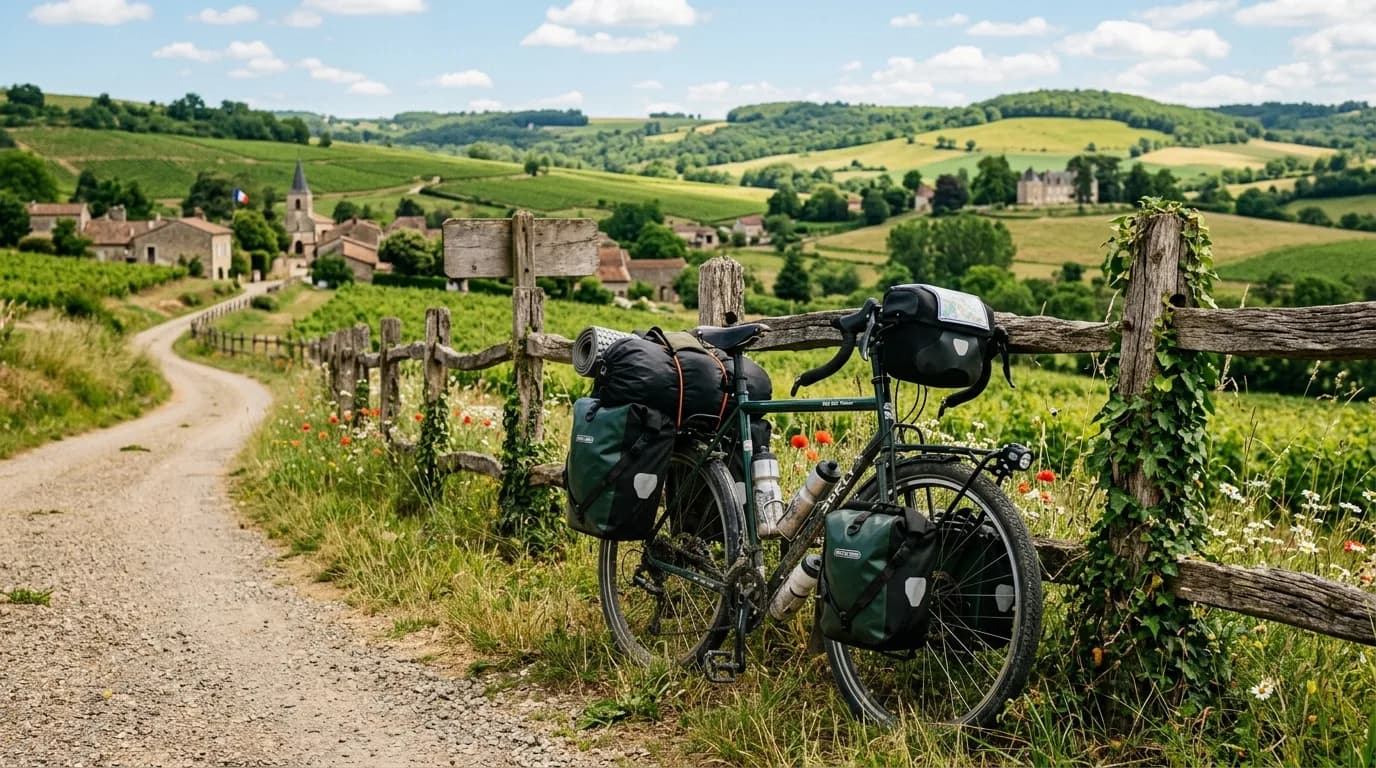 A realistic outdoor photo of a loaded touring bicycle leaning against a rustic wooden fence on a sunny day in the French countryside, green hills in the background, a warm and inviting travel atmosphe