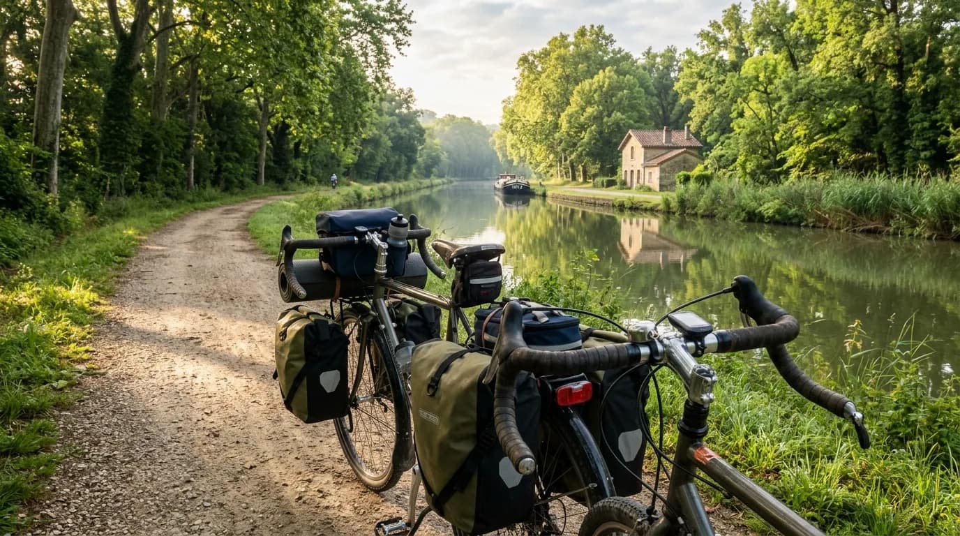 Realistic photo, point of view from a touring bicycle loaded with panniers on a calm dirt path alongside a French canal, early morning light, lush green trees, peaceful slow travel atmosphere, no text