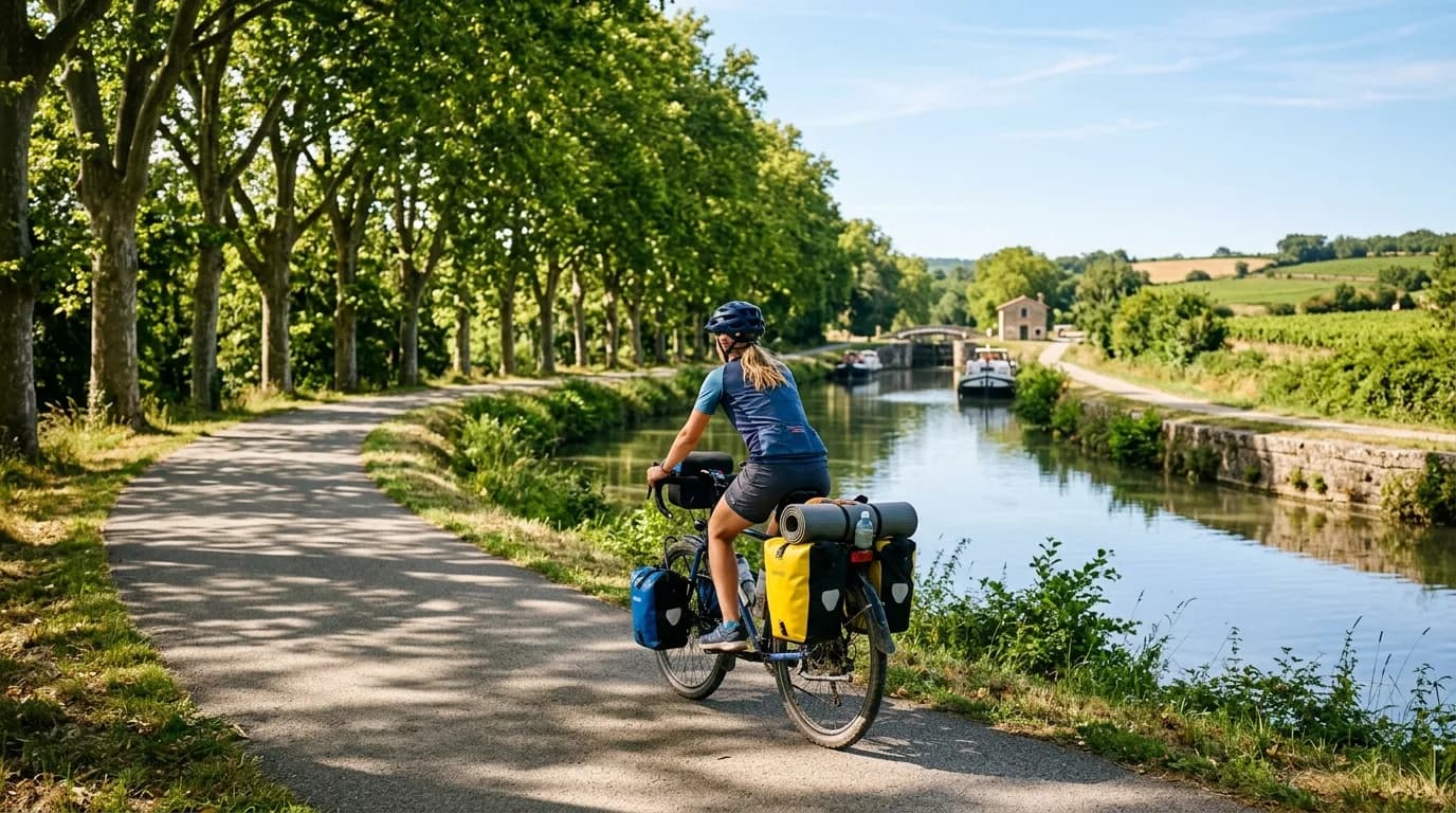 A realistic, inspiring photo of a loaded touring bicycle on a scenic paved cycle path alongside a French canal. Tall green trees line the path, casting dappled sunlight. The bike has waterproof pannie