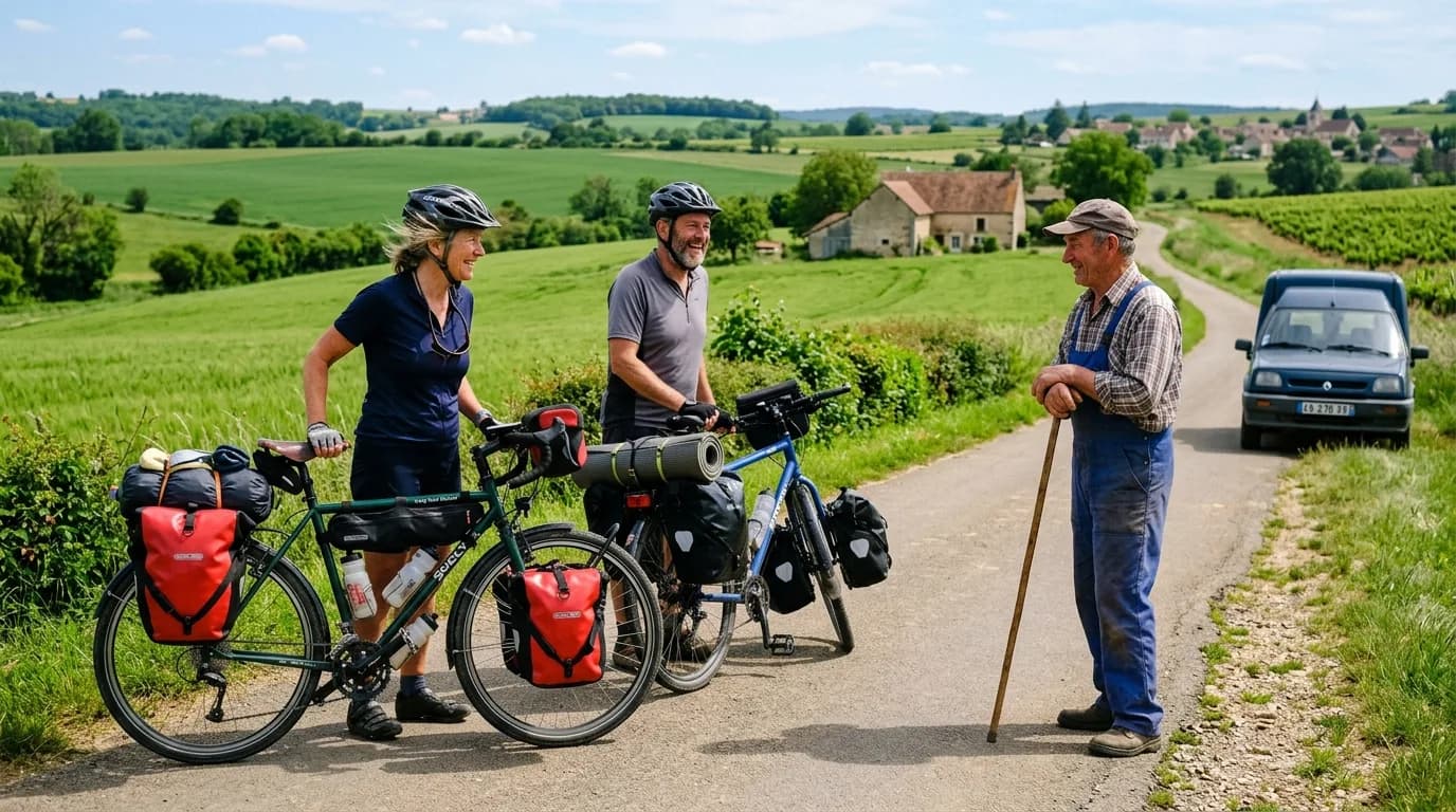 A realistic photo of two bike tourers with loaded panniers talking to a local farmer on a small rural road in France, sunny day, lush green fields, warm atmosphere, shot on 35mm lens.