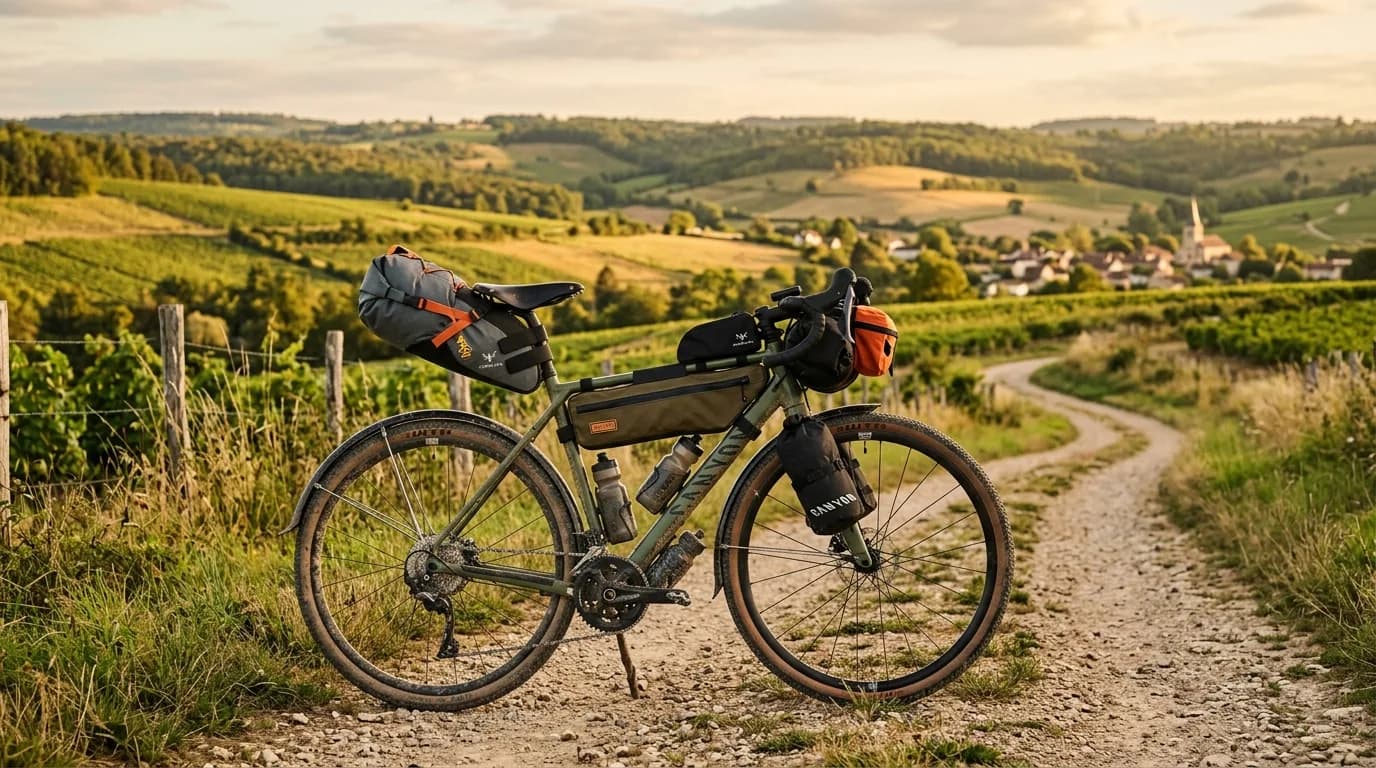 Realistic photo of a loaded gravel bike parked on a dirt path in the French countryside, golden hour lighting, bikepacking bags attached to frame and saddle, scenic rolling hills in the background, no