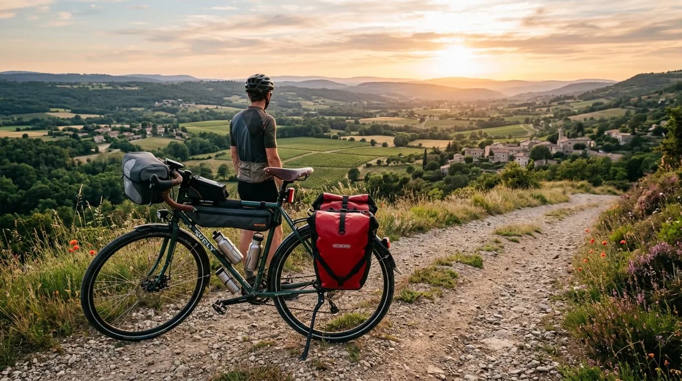 Realistic photo of a touring bicycle with waterproof panniers parked on a dirt path overlooking a peaceful French countryside valley, warm sunset lighting, authentic bikepacking mood, no text, no blur