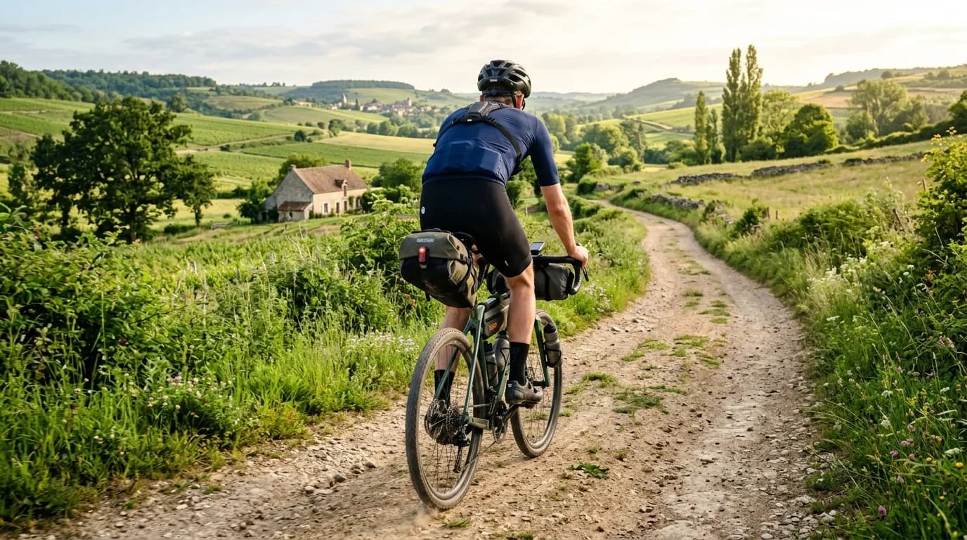Realistic photography, point of view from behind a cyclist riding a loaded gravel bike on a dirt path in the French countryside, early morning light, green hills, handlebar bag and saddle bag visible,