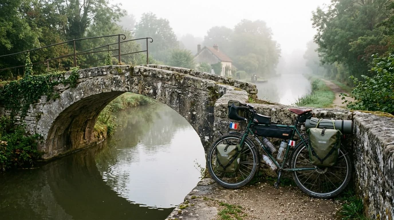 Realistic outdoor photography, a loaded touring bicycle leaning against a rustic stone bridge over a canal in the French countryside, early morning light, misty and serene atmosphere, high quality, na