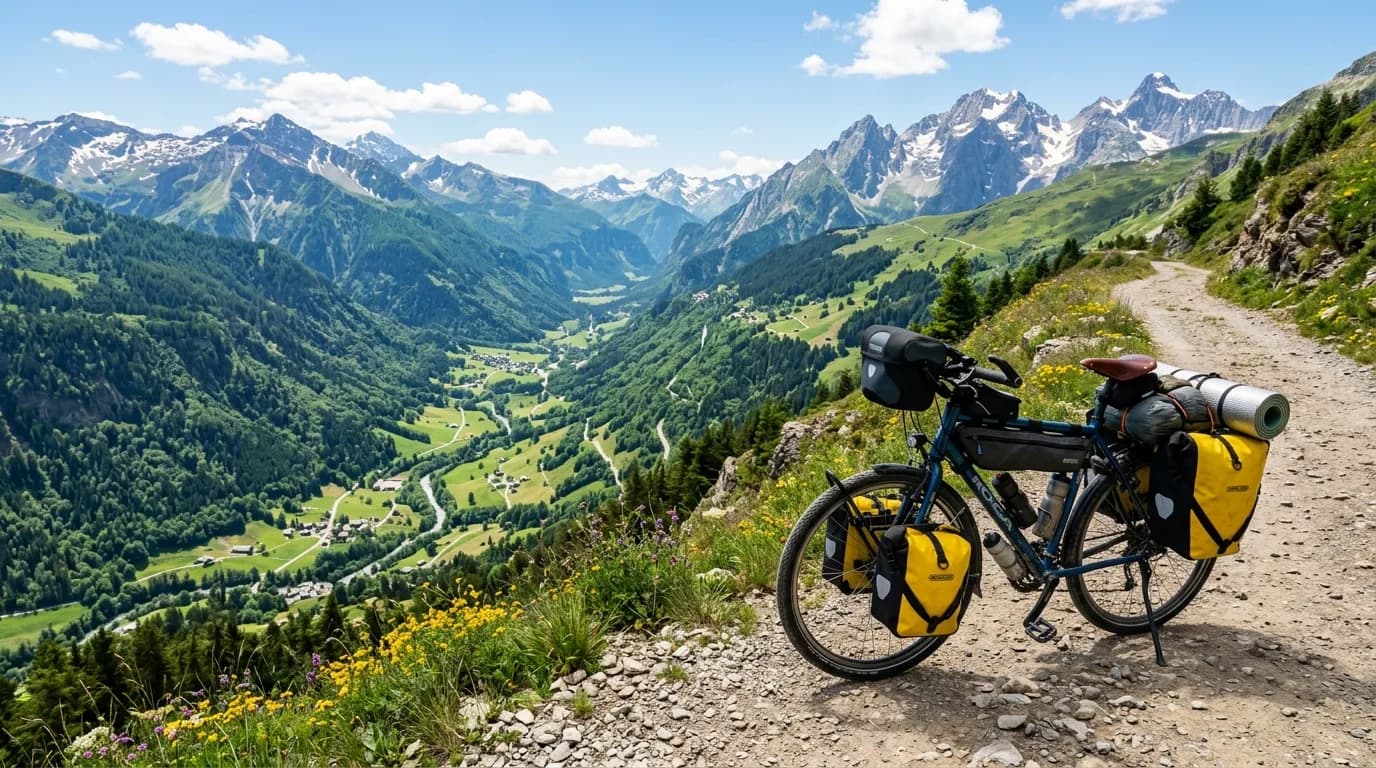 A loaded touring bicycle parked on a dirt path overlooking a lush green valley in the French Alps, bright summer day, realistic outdoor photography.