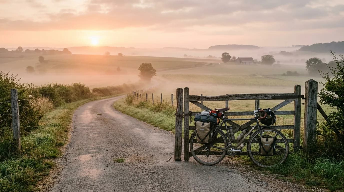 Vélo de voyage appuyé contre un portail au petit matin, sur une route de campagne