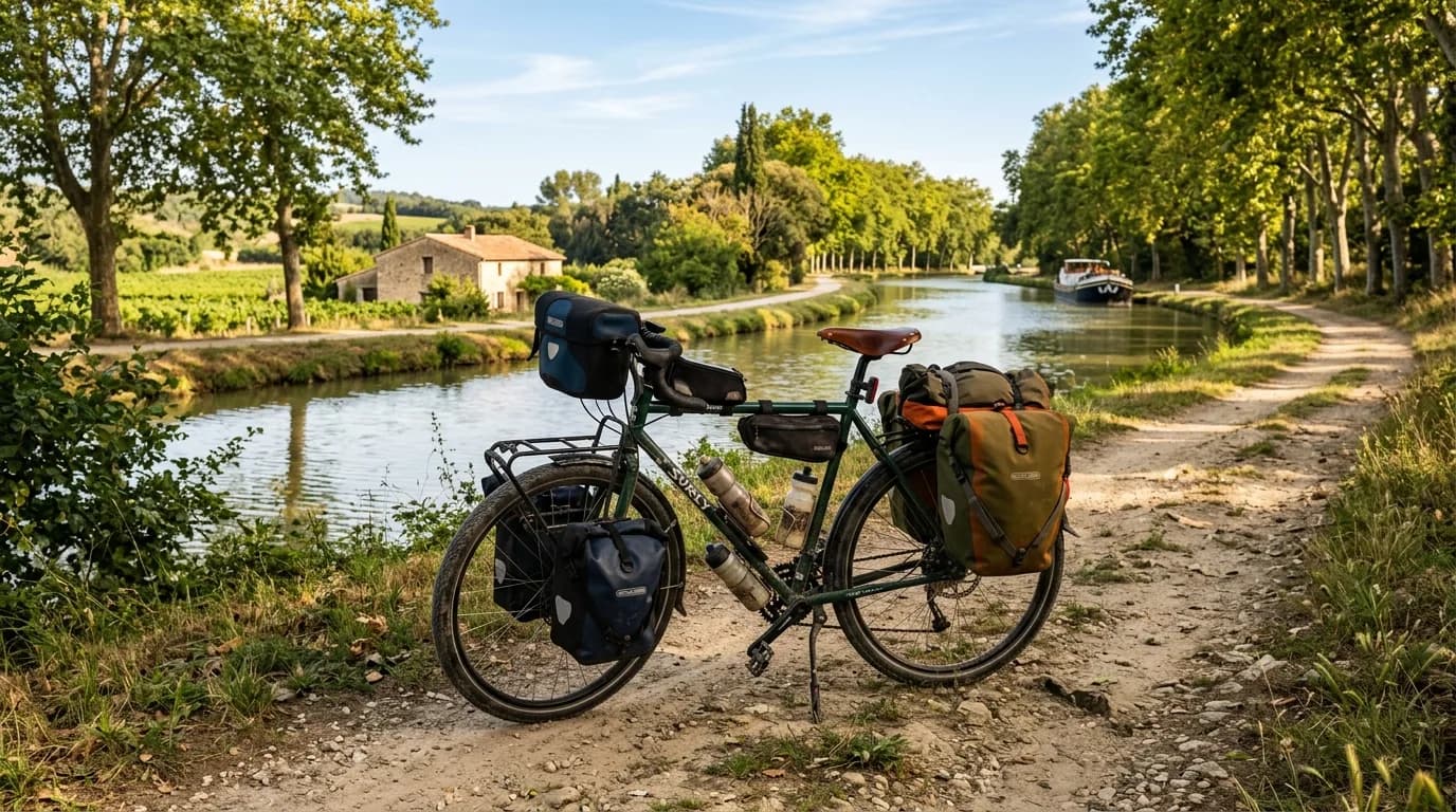 A realistic photo of a fully loaded touring bike parked on a dirt path next to a quiet French canal, warm afternoon light, panniers on front and rear racks, natural scenery, high quality photography.