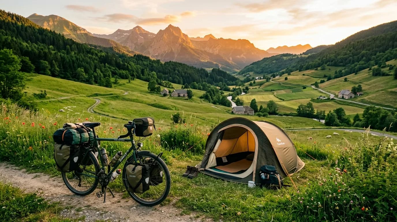 Realistic wide shot, touring bicycle fully loaded with panniers parked next to a small pop-up tent in a lush green French valley at sunset, golden hour lighting, peaceful outdoor photography.