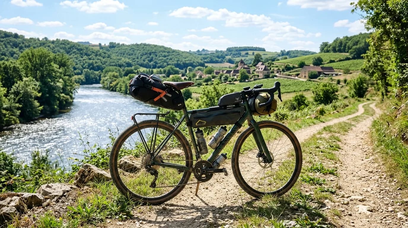 A realistic, bright outdoor photograph of a loaded bikepacking gravel bike resting on a dirt path alongside a river in the French countryside. The bike has a saddle bag, frame bag, and handlebar bag.