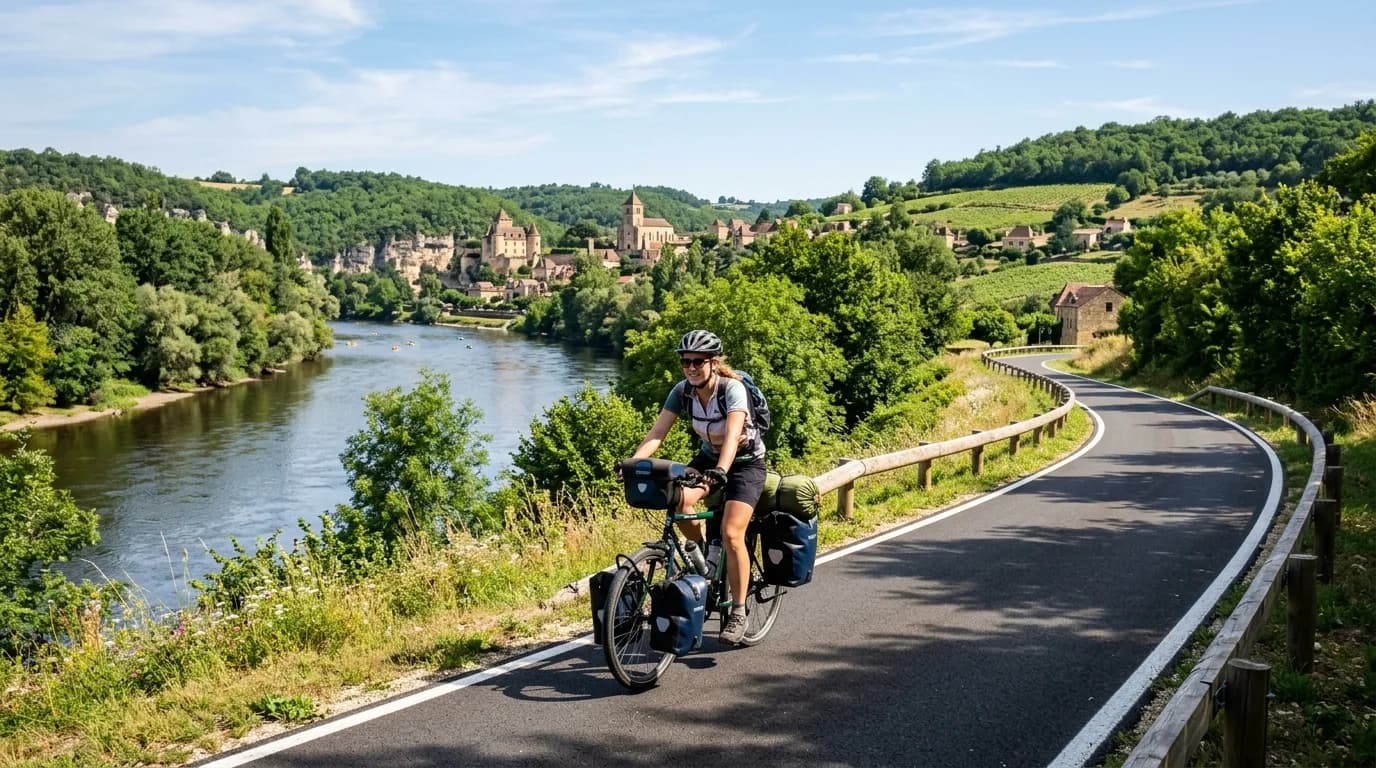 Realistic wide shot photo of a cyclist riding a touring bike with panniers on a beautiful paved greenway along a river in France, sunny summer day, feeling of freedom and adventure.